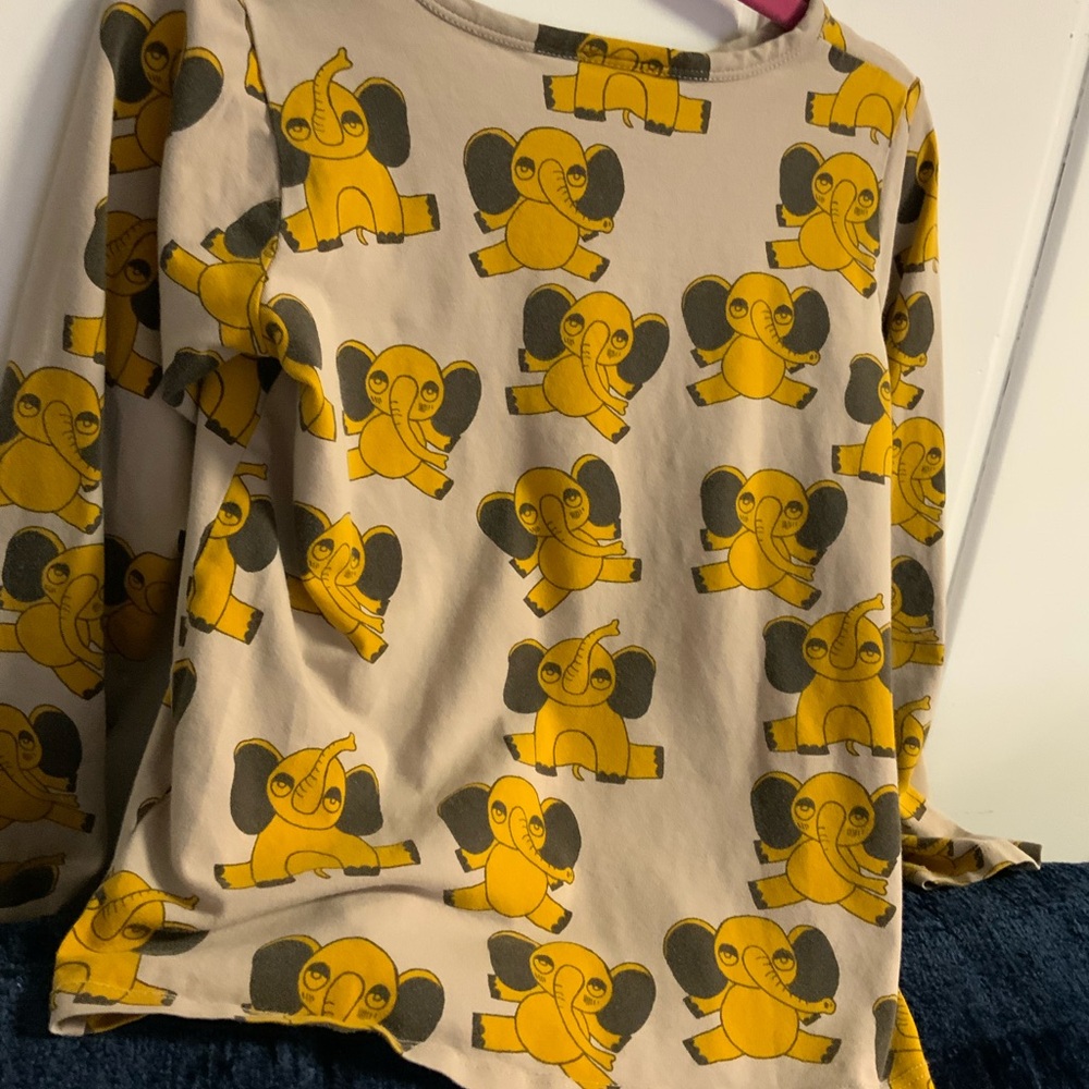 Mini Rodini Elephant Print Long Sleeve Shirt - Yellow and Gray